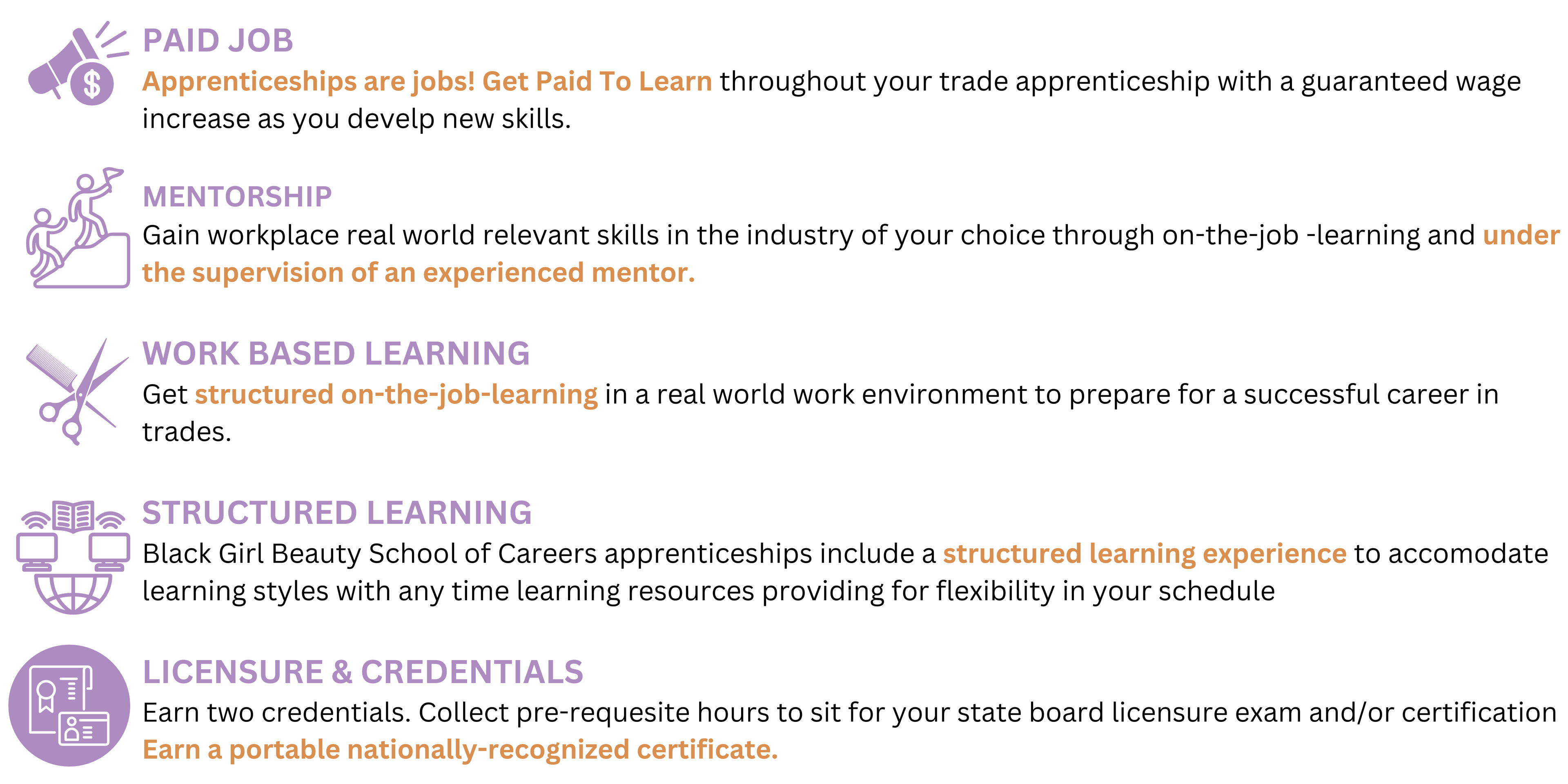 5 reasons to join an apprenticeship: Paid Job, Mentorship, Work Based Learning, Structured Learning, Licensure and Credentials
